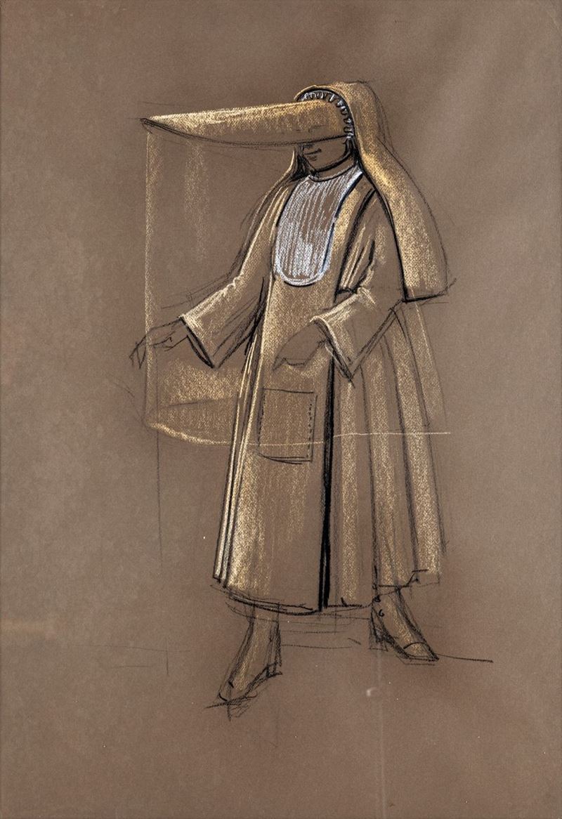 Danilo Donati - Suora per Sfilata di Moda Ecclesiastica - Bozzetto per Roma di Federico Fellini