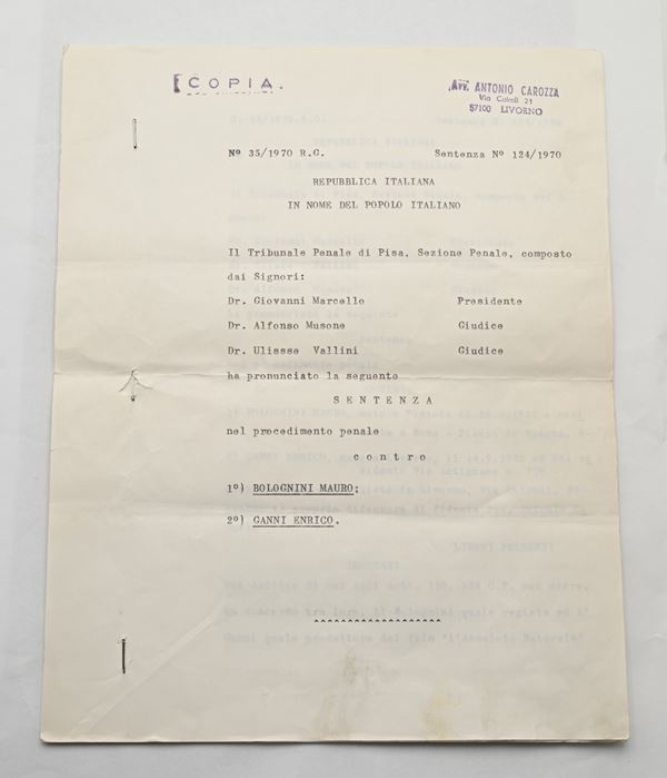 Copia della Sentenza della Causa penale del 1970 per "Fatti osceni" al Regista Mauro Bolognini e al Produttore Enrico Ganni per le scene del film L'assoluto naturale. Mauro Bolognini curò la sceneggiatura e diresse l'omonimo film nel 1969 basato sulla pièce di Parise