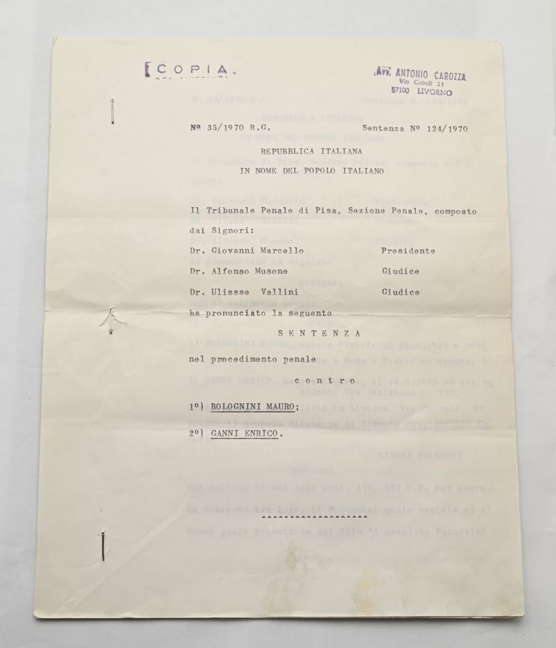 Copia della Sentenza della Causa penale del 1970 per "Fatti osceni" al Regista Mauro Bolognini e ...