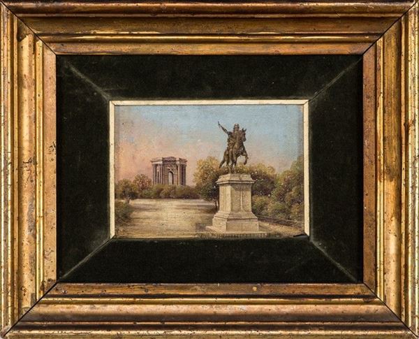 Pittore del XIX secolo - VEDUTA DI GIARDINO CON MONUMENTO EQUESTRE