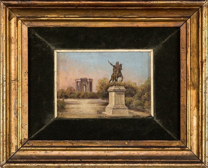 Pittore del XIX Secolo - Veduta di Giardino con Monumento Equestre