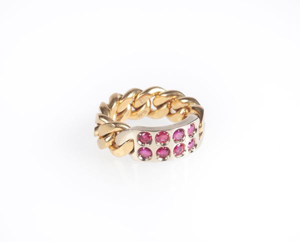 Pomellato - anello a maglia groumette in oro e rubini