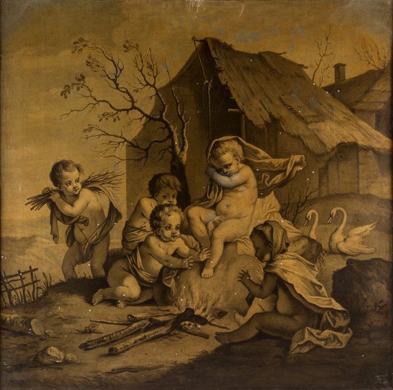 Pittore della Fine del XVIII Secolo - Coppia di Grisailles Allegoria Dell'estate e Dell'inverno