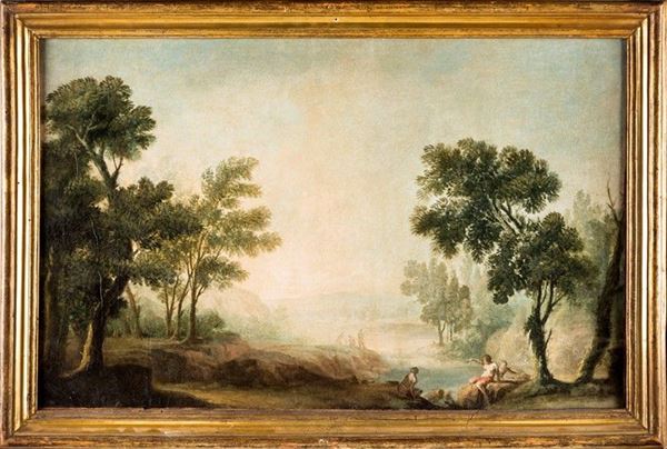 Scuola veneta del XVIII secolo - COPPIA DI PAESAGGI CON FIGURE