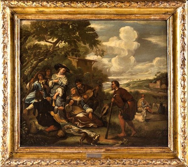 Pittore Bambocciante del XVII secolo - SOSTA DI VIANDANTI