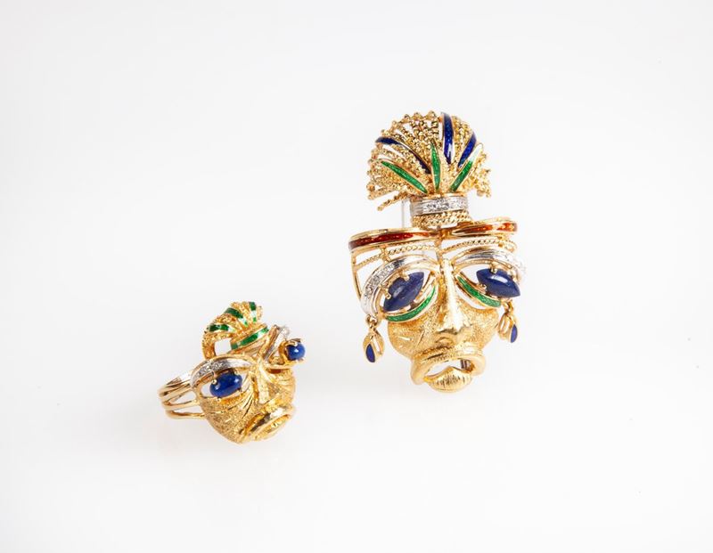 Parure Spilla e Anello in Oro Smalti e Pietre