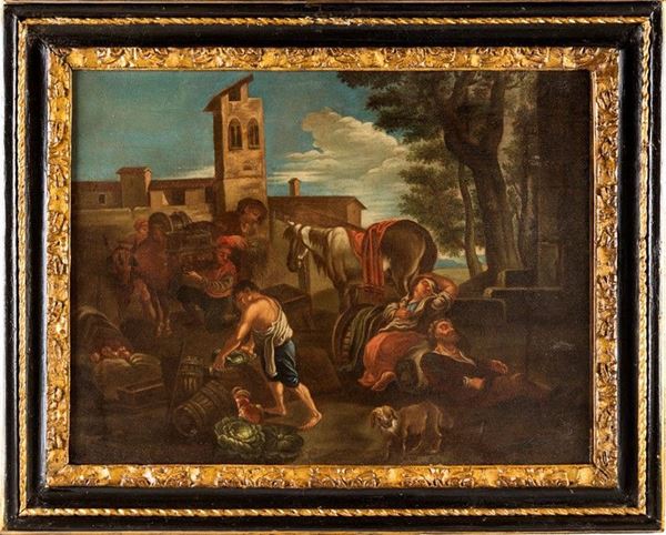 Pittore Bambocciante del XVII secolo - SOSTA DI VIANDANTI