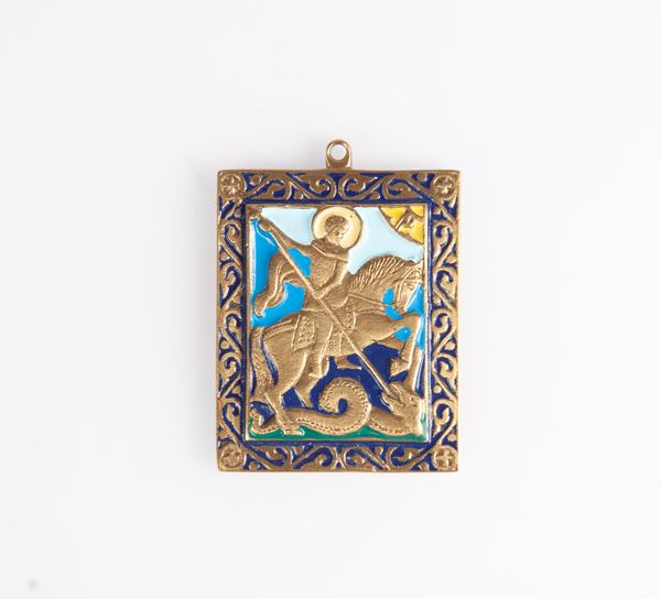 Piccola icona pettorale in bronzo dorato e smalti, Russia, XIX secolo