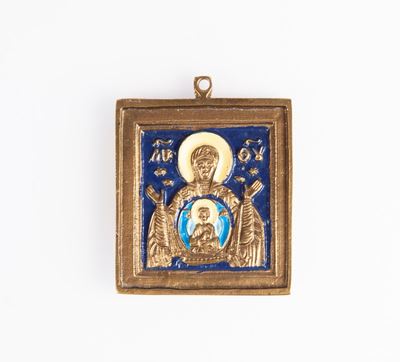 Piccola Icona Pettorale in Bronzo Dorato e Smalti, Russia, XIX Secolo