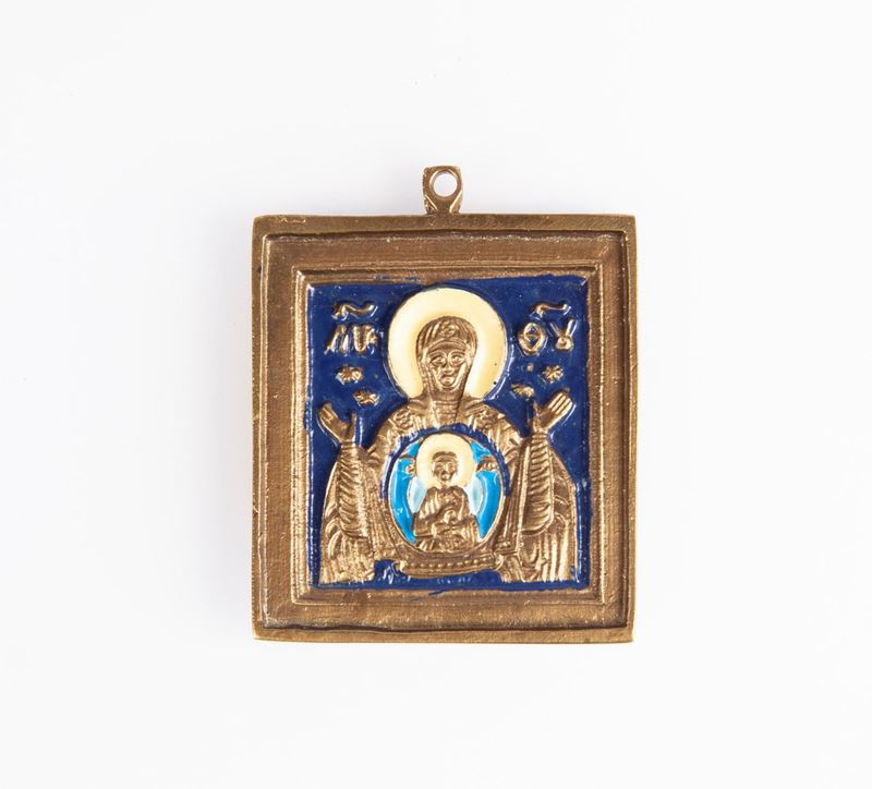 Piccola Icona Pettorale in Bronzo Dorato e Smalti, Russia, XIX Secolo