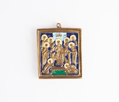 Piccola Icona Pettorale in Bronzo Dorato e Smalti, Russia, XIX Secolo