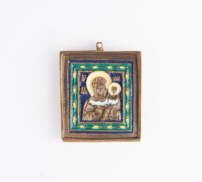 Piccola Icona Pettorale in Bronzo Dorato e Smalti, Russia, XIX Secolo