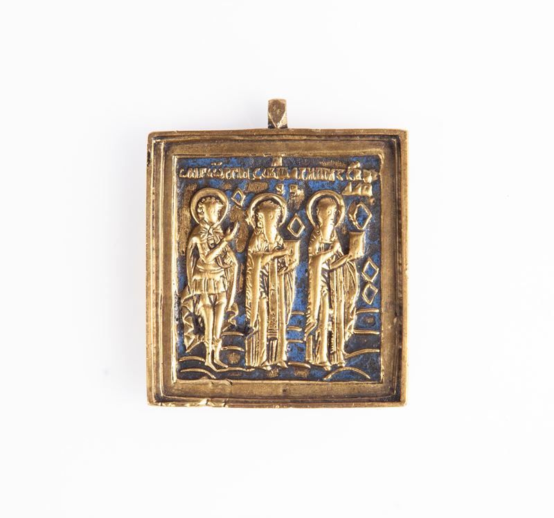 Piccola Icona in Bronzo Dorato e Smalti, Russia, XIX Secolo
