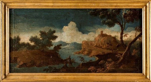 Alessio  De Marchis (attribuito) - PAESAGGIO FLUVIALE CON FIGURE