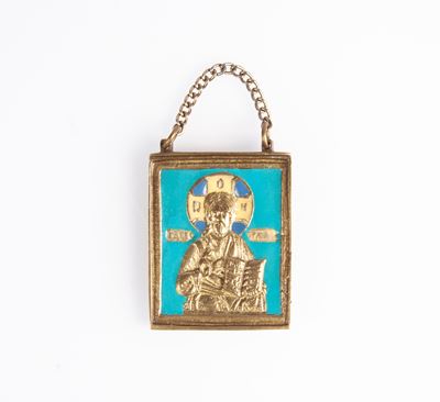 Piccola Icona Pettorale in Bronzo Dorato e Smalti, Russia, XIX Secolo