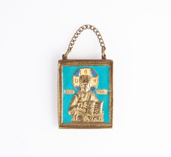 Piccola icona pettorale in bronzo dorato e smalti, Russia, XIX secolo
