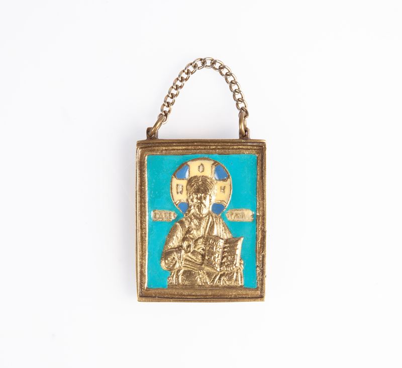 Piccola Icona Pettorale in Bronzo Dorato e Smalti, Russia, XIX Secolo