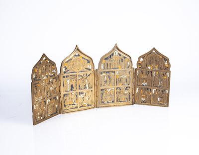 Polittico da Viaggio in Bronzo Dorato e Smalti, Russia, XIX Secolo
