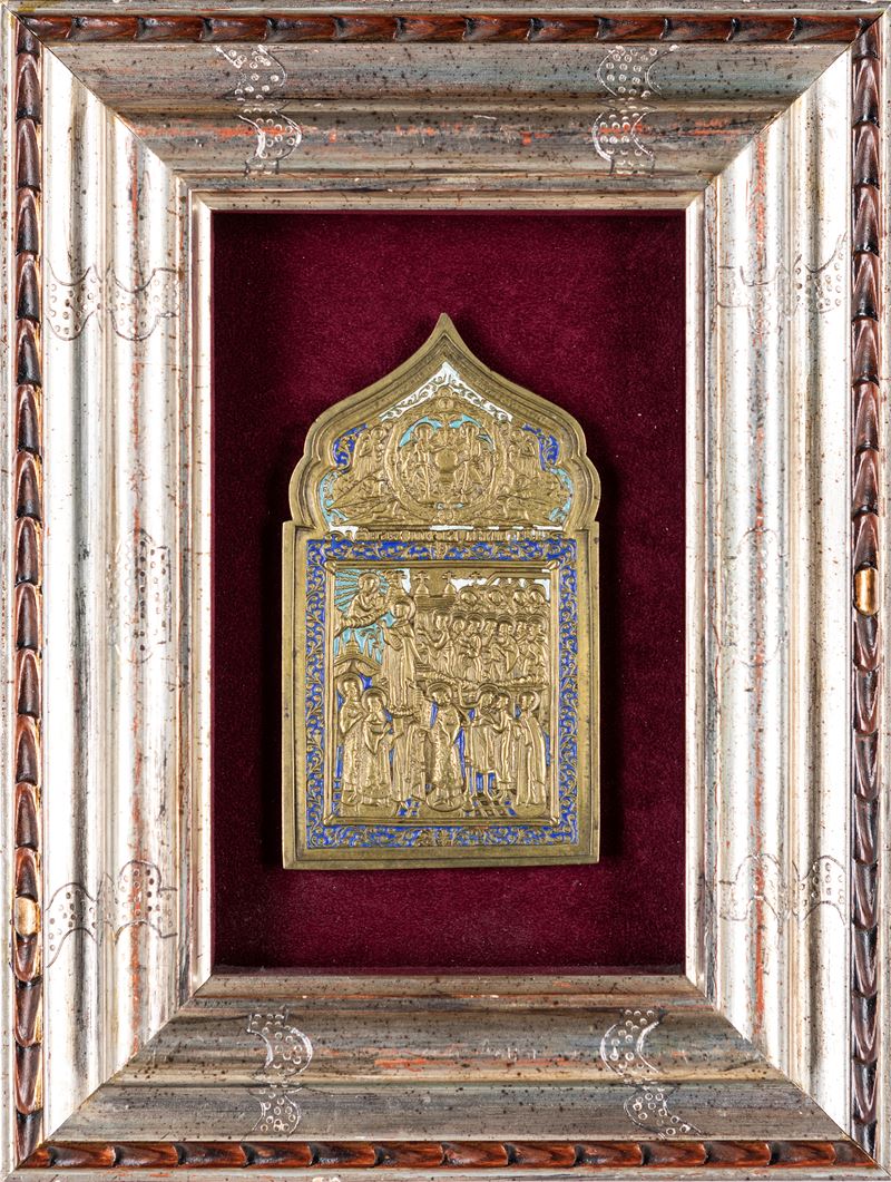Icona in Bronzo Dorato e Smalti, Russia, XIX Secolo