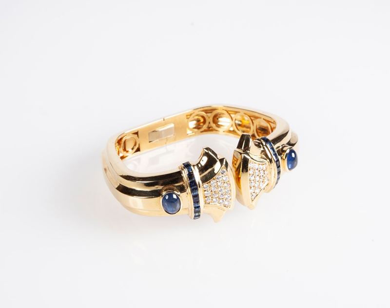 Bracciale Rigido alla Schiava in Oro, Brillanti e Zaffiri