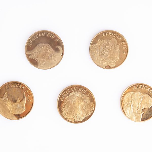 Set 5 medaglie in metallo dorato Proof  "African Big Five Gold plated set 2004 Edition" Sud Africa