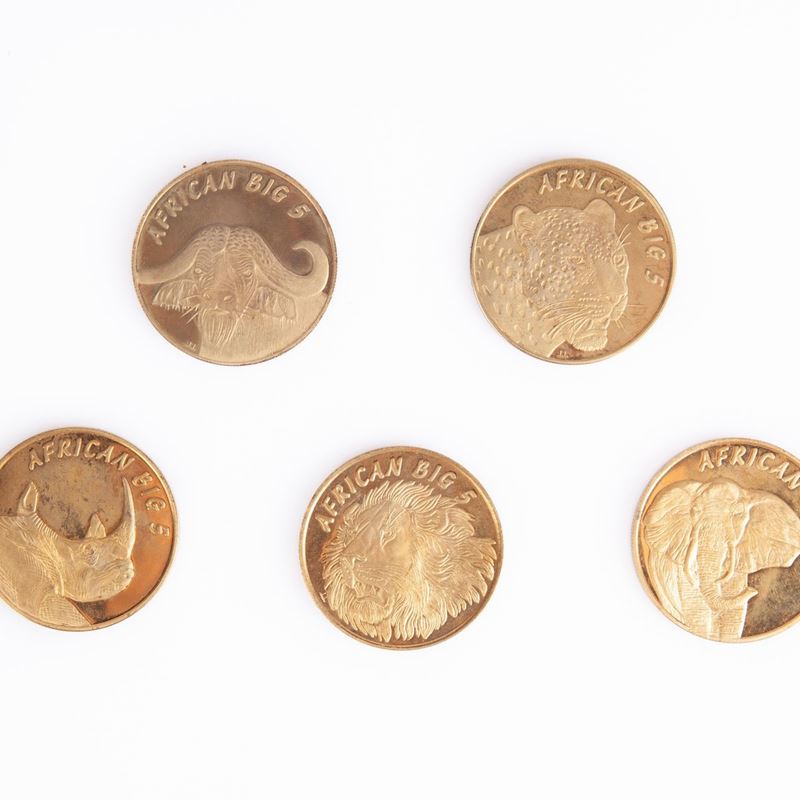 Set 5 Medaglie in Metallo Dorato Proof "african Big Five Gold Plated Set 2004 Edition" Sud Africa