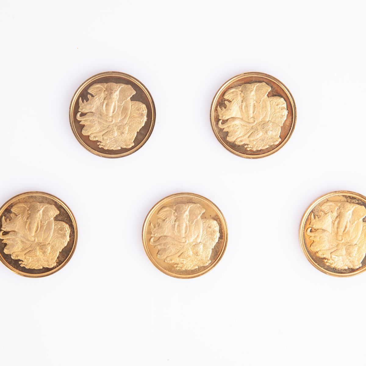 Set 5 Medaglie in Metallo Dorato Proof "african Big Five Gold Plated Set 2004 Edition" Sud Africa