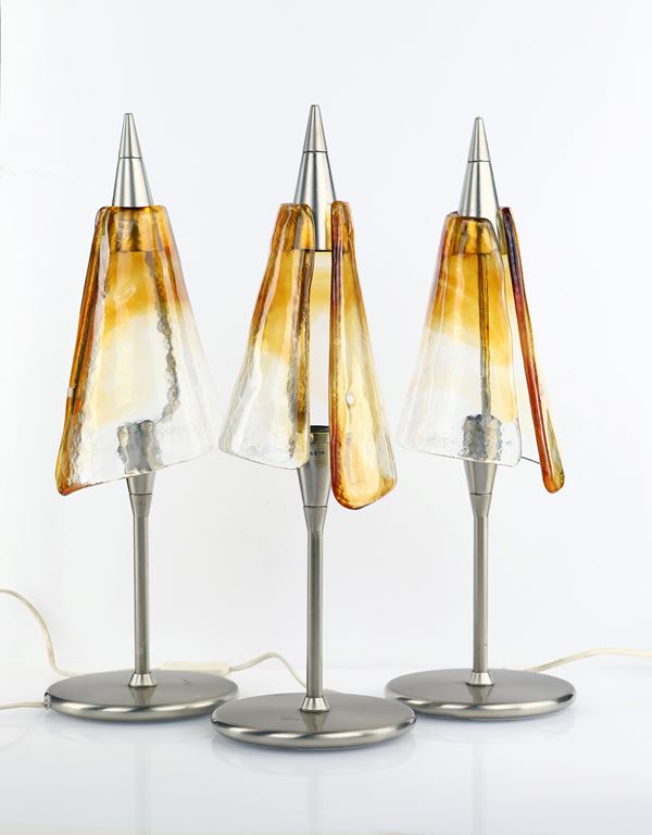 Tre lampade da tavolo in nikel e vetro soffiato, La Murrina, modello Genius