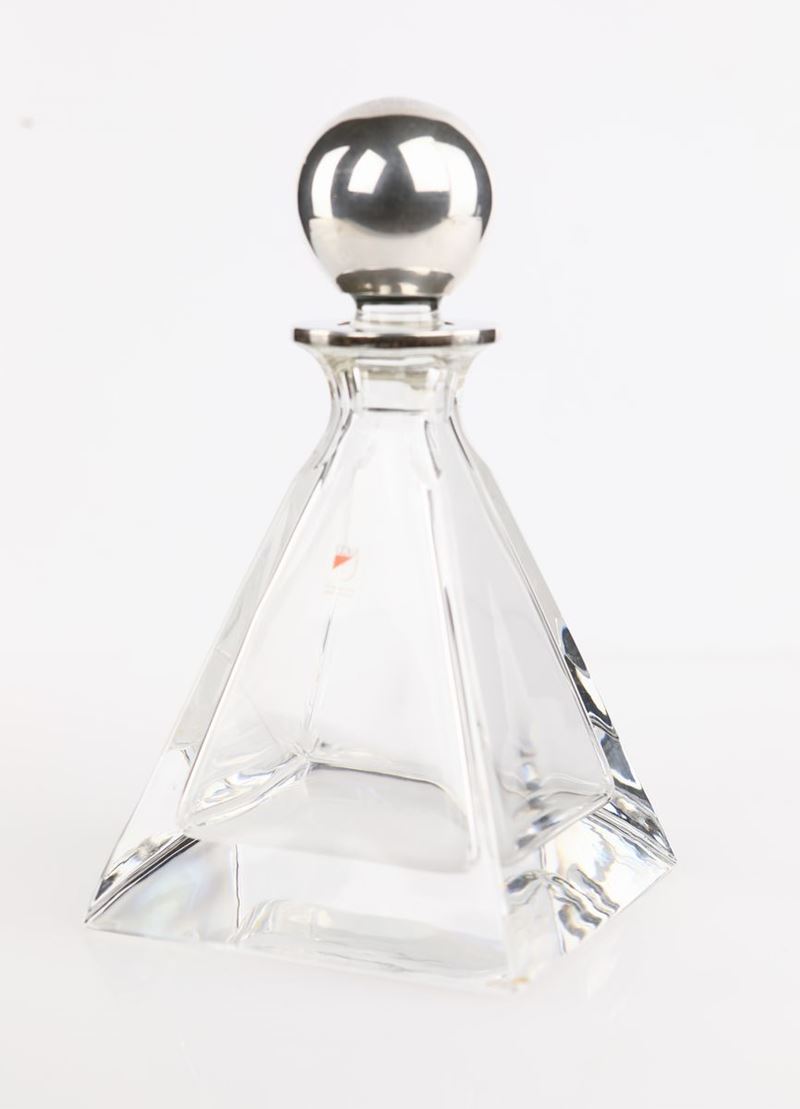 Bottiglia da Liquore Piramidale in Cristallo con Tappo Rivestito in Argento, Colle, Made in Italy