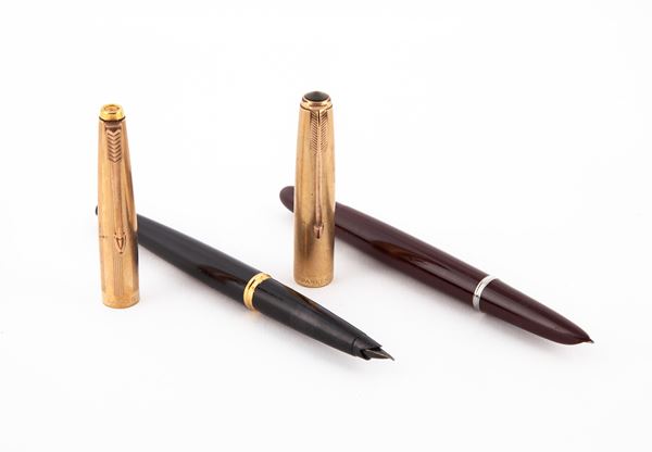 Parker - 2 penne stilografiche vintage in celluloide con cappucci in metallo placcato in oro 14kt