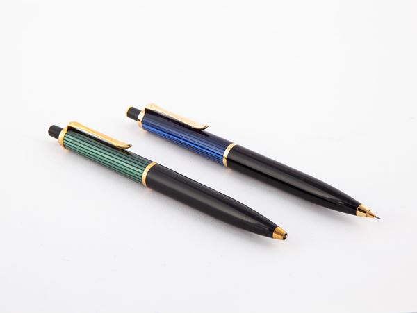 Pelikan - Penna a sfera in celluloide nera e verde e Portamine in celluloide nera e blu con particolari dorati