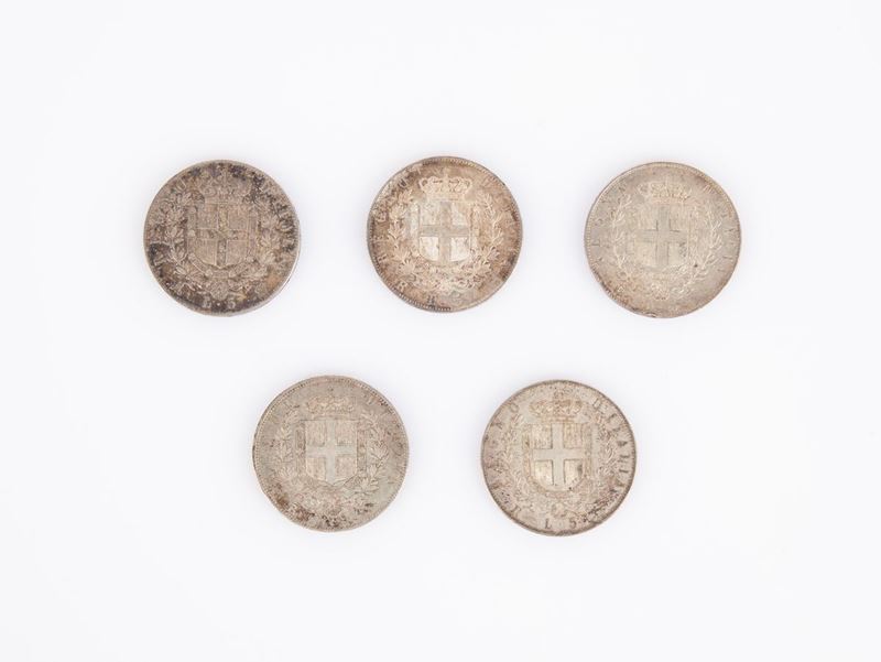 5 Monete da 5 Lire Vittorio Emanuele II Regno D'italia