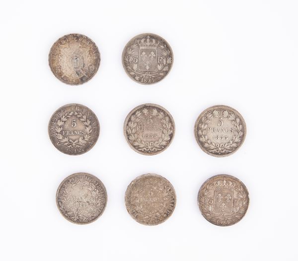 8 monete da 5 Franchi Francia XIX secolo