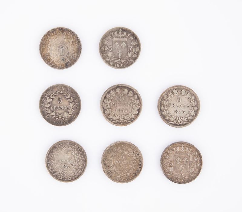 8 Monete da 5 Franchi Francia XIX Secolo