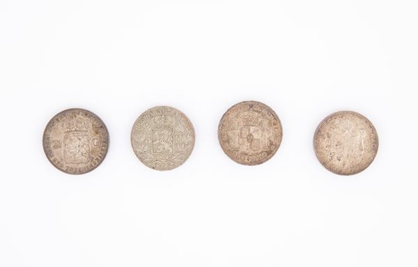 4 monete da 5 Pesetas Spagna 1875, 5 Franchi Belgio 1873, 2,5 Gulden Paesi Bassi 1852, 5 Dracme Grecia 1876