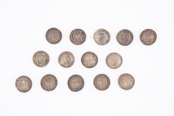 14 monete da 1 Carlino Carlo II - Napoli 1685 (2), 1686 (2), 1688 (3), 1689 (5) e 1690 (2)