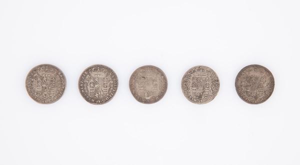5 monete da 2 Carlini Carlo II - Napoli 1685 (2), 1687 (3)