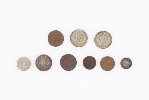 Lotto di 9 monete del XIX secolo: 2 monete 1/4 di Fiorino Francesco Giuseppe 1859 Regno Lombardo-Veneto Milano (1), Venezia (1); 1 moneta 5 Soldi Napoleone I 1810 Regno d'Italia Milano; 1 Lira Ferdinando III di Lorena 1822 Granducato di Toscana Firenze, e altre 3 monete Austroungariche, 1 tedesca e 1 olandese