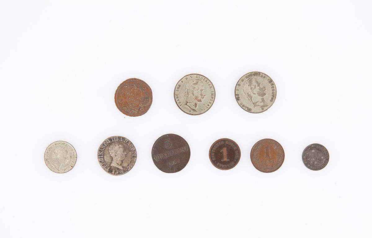 Lotto di 9 Monete del XIX Secolo: 2 Monete 1/4 di Fiorino Francesco Giuseppe 1859 Regno Lombardo-...