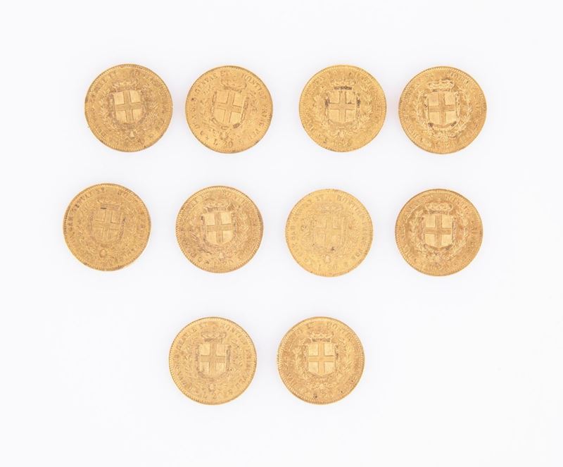 Lotto 10 Monete da 20 Lire Vittorio Emanuele II 1851-59 Regno di Sardegna
