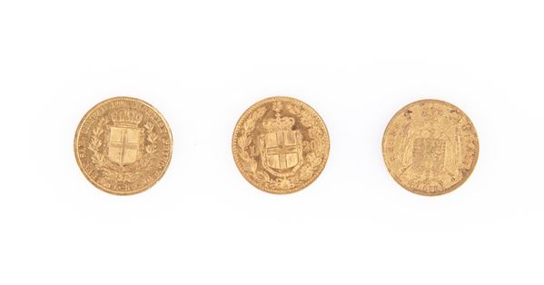 3 monete da 20 lire: Napoleone I 1813 Regno d'Italia Milano; Carlo Alberto 1845 Regno di Sardegna Genova; Umberto I 1882 Regno d'Italia