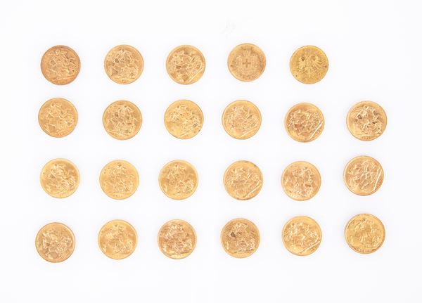 Lotto 21 Sterline Edoardo VII e Giorgio V; 1 moneta da 20 Dracme Grecia 1876 e 1 moneta da 8 Fiorini 1878 Austria