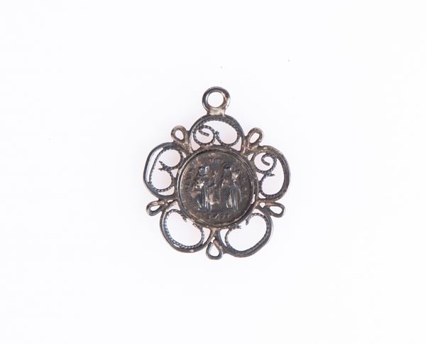 Medaglietta votiva con 5 santi in argento datata 1671 con montatura in filigrana d'argento