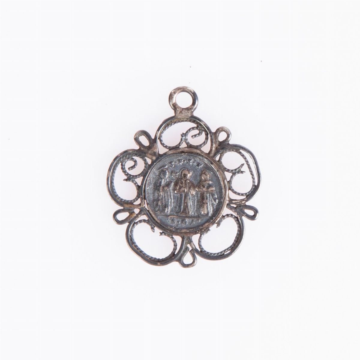 Medaglietta Votiva con 5 Santi in Argento Datata 1671 con Montatura in Filigrana D'argento