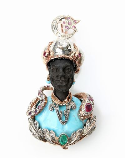 Pendente Moretto in Oro , Argento, Diamanti, Smeraldo, Rubini e Turchese.