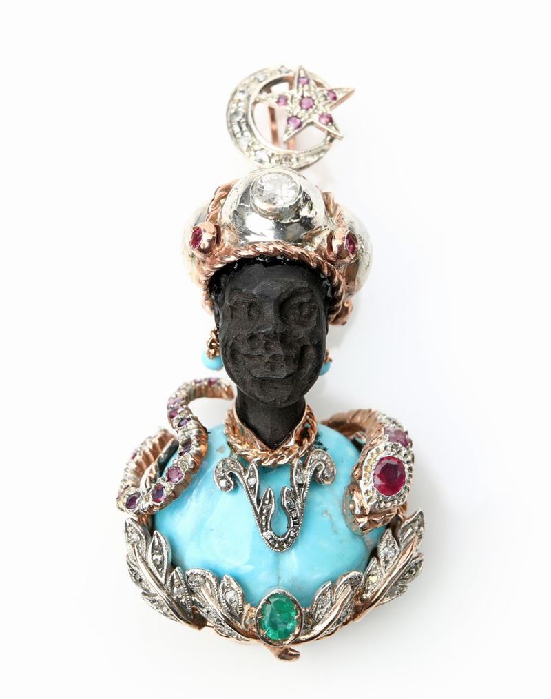 Pendente Moretto in Oro , Argento, Diamanti, Smeraldo, Rubini e Turchese.