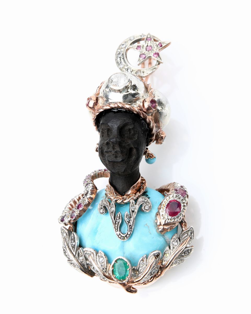 Pendente Moretto in Oro , Argento, Diamanti, Smeraldo, Rubini e Turchese.