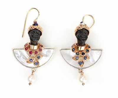 Coppia di Orecchini Moretto in Oro Madreperla , Argento, Rubini e Zaffiri
