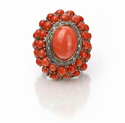 Anello in Oro, Argento Corallo e Diamanti
