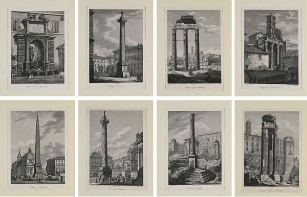 Domenico Amici - Domenico Amici - 8 Vedute di Roma: Colonna Antonina, Colonna Traiana, Obelisco Flaminio del Popolo, Fontana dell'Acqua Paola, Tempio di Giove Tonante, Tempio di Giove Statore, Avanzi del Foro di Nerva e Colonna di Foca.